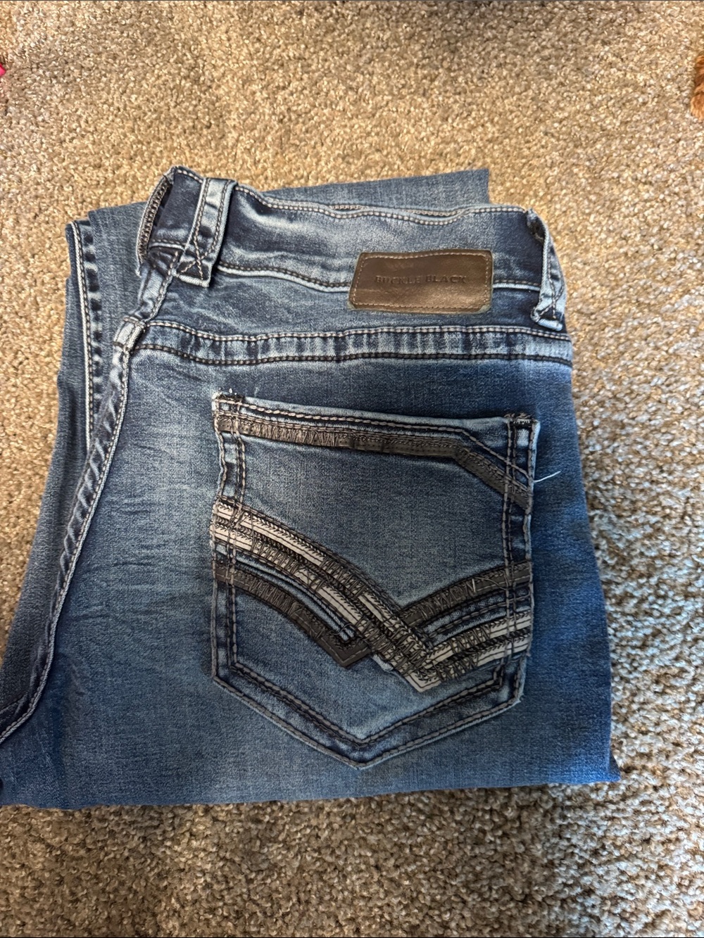 Buckle Men's Washed Blue Straight Jeans with Embroidered Back Pocket